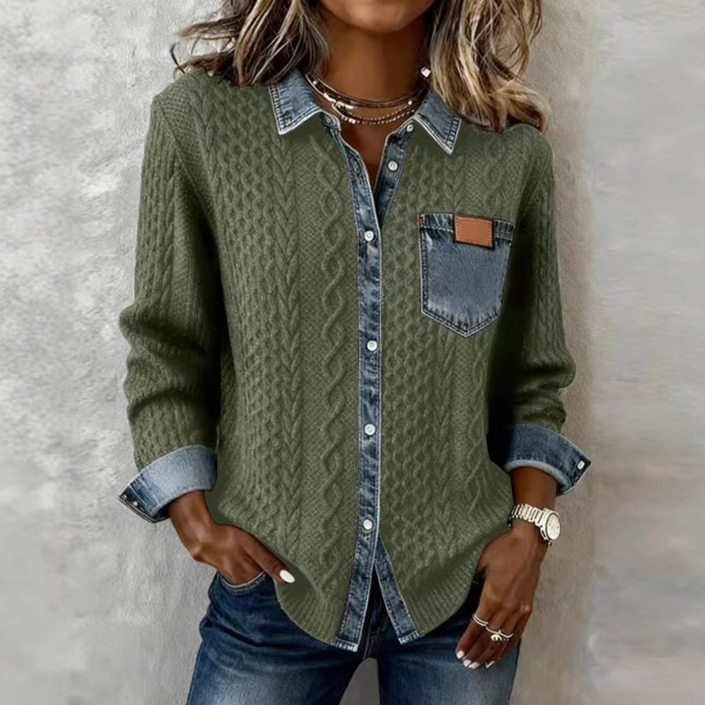 Damen-Hemdjacke aus Strick-Denim-Hybrid – Oversized-Langarmjacke mit Knopfleiste und Patchwork-Design, lässiges Layering-Teil für Herbst/Winter_voghion.com