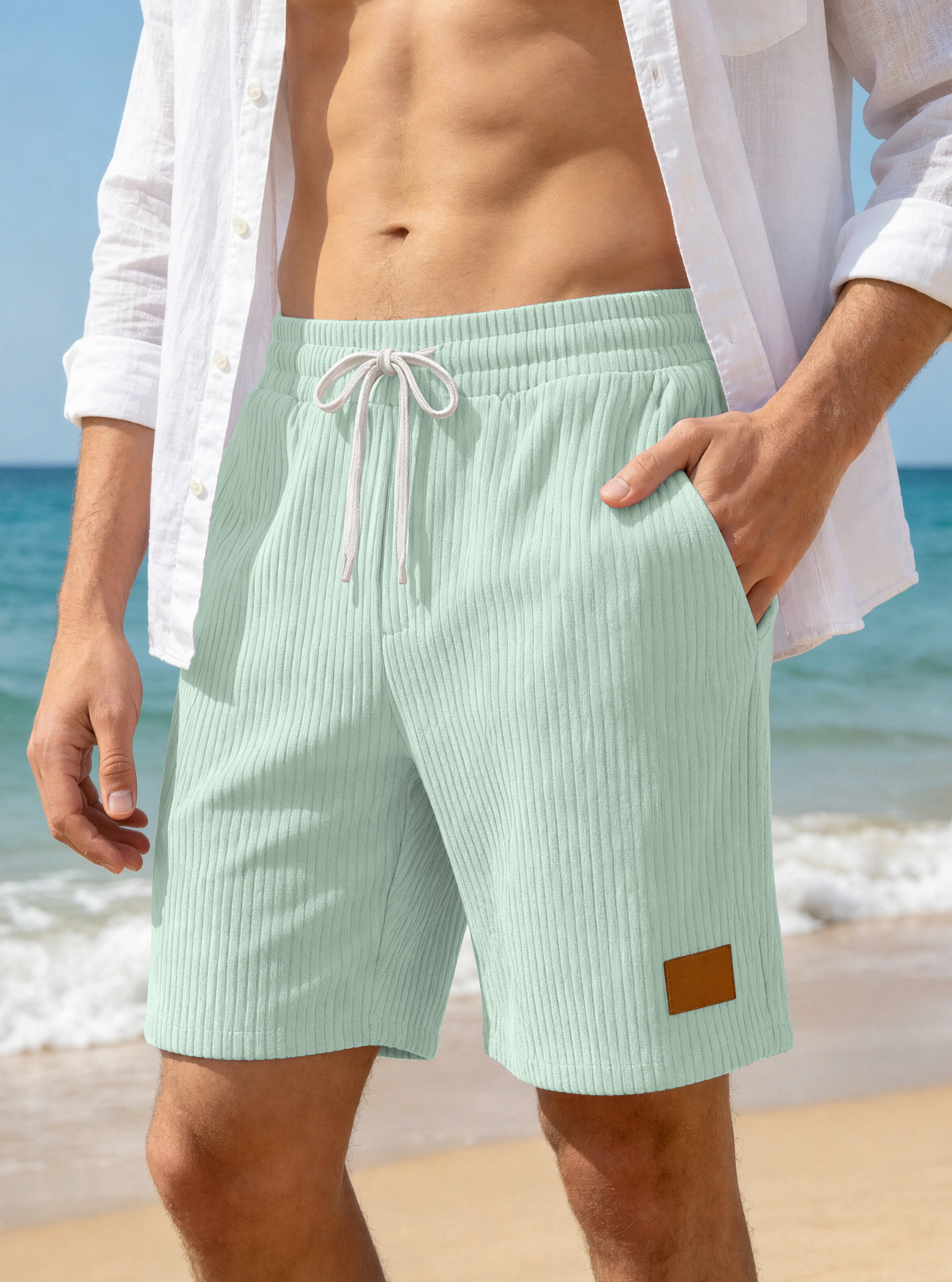 Europa y los Estados Unidos transfronterizos Amazon nuevo hombre retro bordado lámpara de cuero velcro cordón de moda pantalones cortos casuales estadounidenses