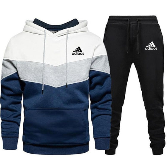 2024 cross-border foreign trade men's sports suit fashion casual spring and autumn stitching hooded sweater trousers two-piece set