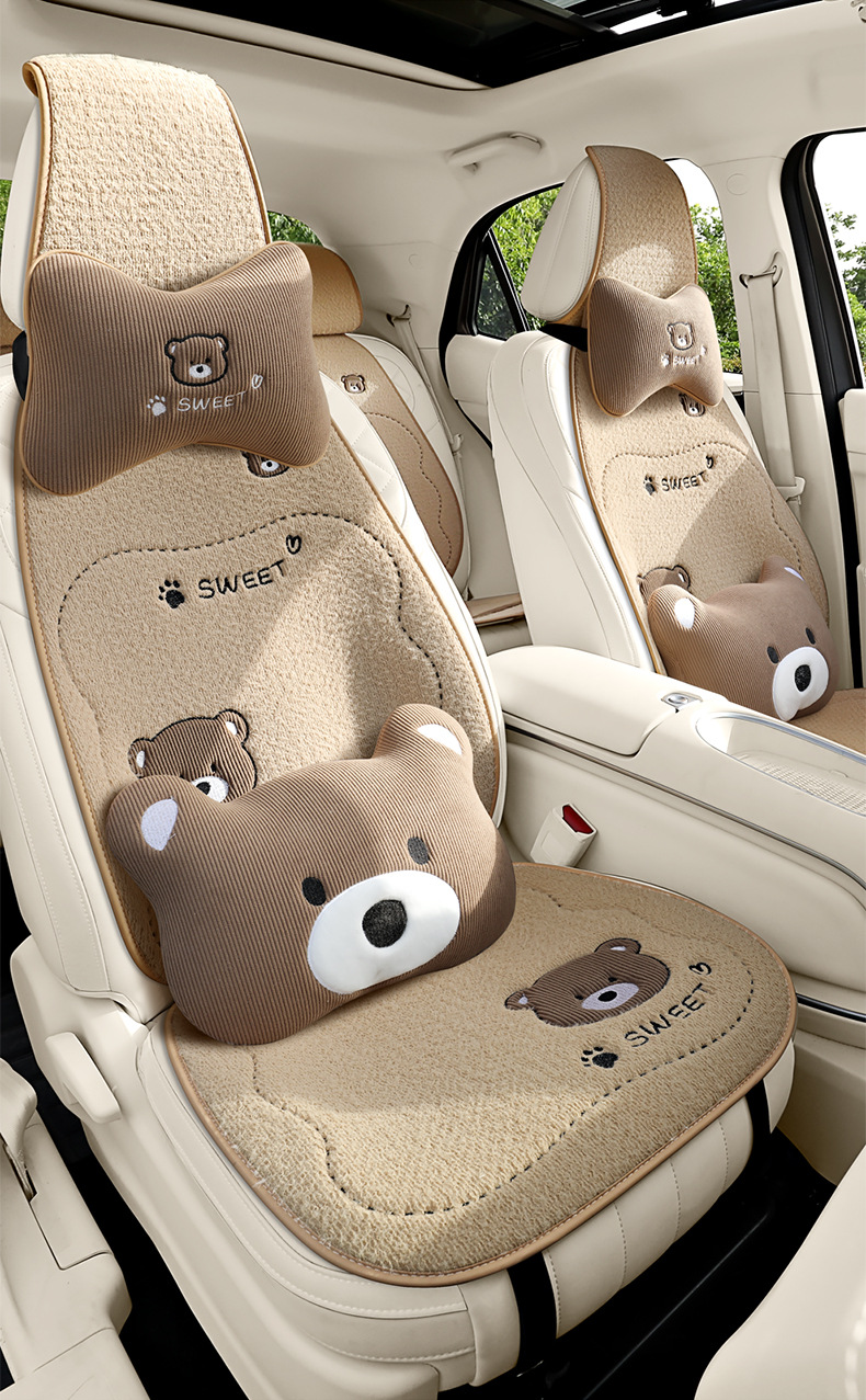 Winter Plush Bear Car Seat Cushion Car Cushion Neck Pillow Winter Warm Car Interior Supplies