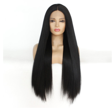 Moda al por mayor de fibra química europea y americana frente encaje medio negro largo recto peluca de comercio exterior LW0079