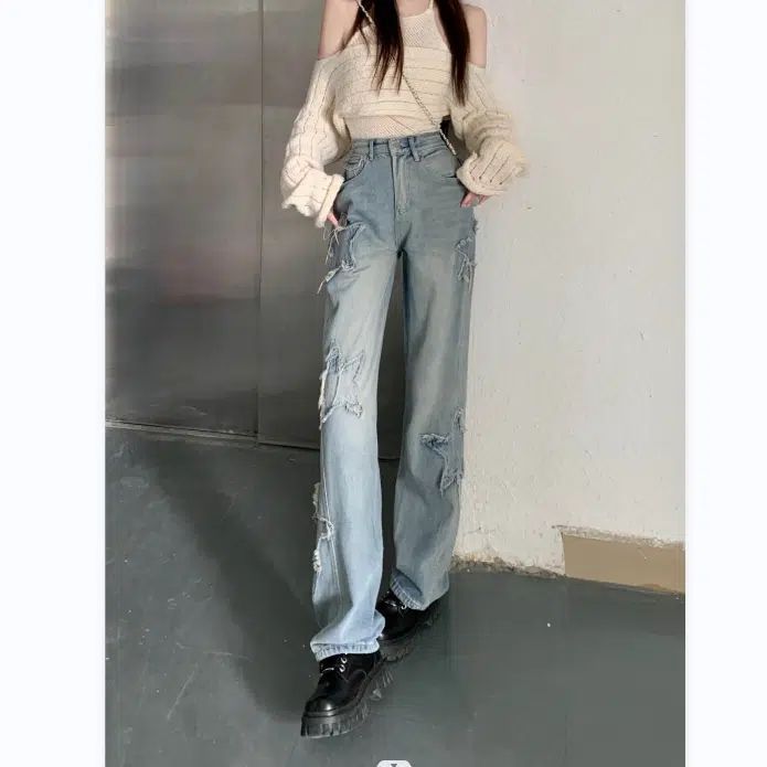 2023春夏新款美式复古Y2K潮流星星拼接高腰直筒休闲牛仔长裤女