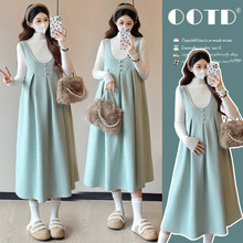 实拍2025秋冬新款韩风减龄中长款毛呢孕妇大码连衣裙+打底毛衣