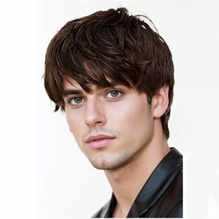 Men's Wig Short Straight Hair Brown Short Hair Fluffy Black Short Curly Hair Oblique Bangs Straight Bangs One Piece Hair