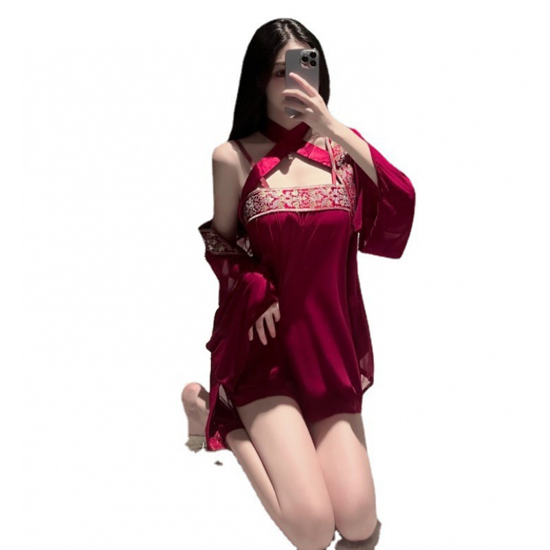 Ropa interior sexy de estilo antiguo, camisón transparente con estampado sexy, traje de uniforme de Hanfu exótico, entrega de una pieza