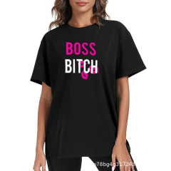 ヨーロッパとアメリカの女性服ブラックコントラストカラーBITCHプリントラウンドネックアマゾンクロスボーダーTシャツ