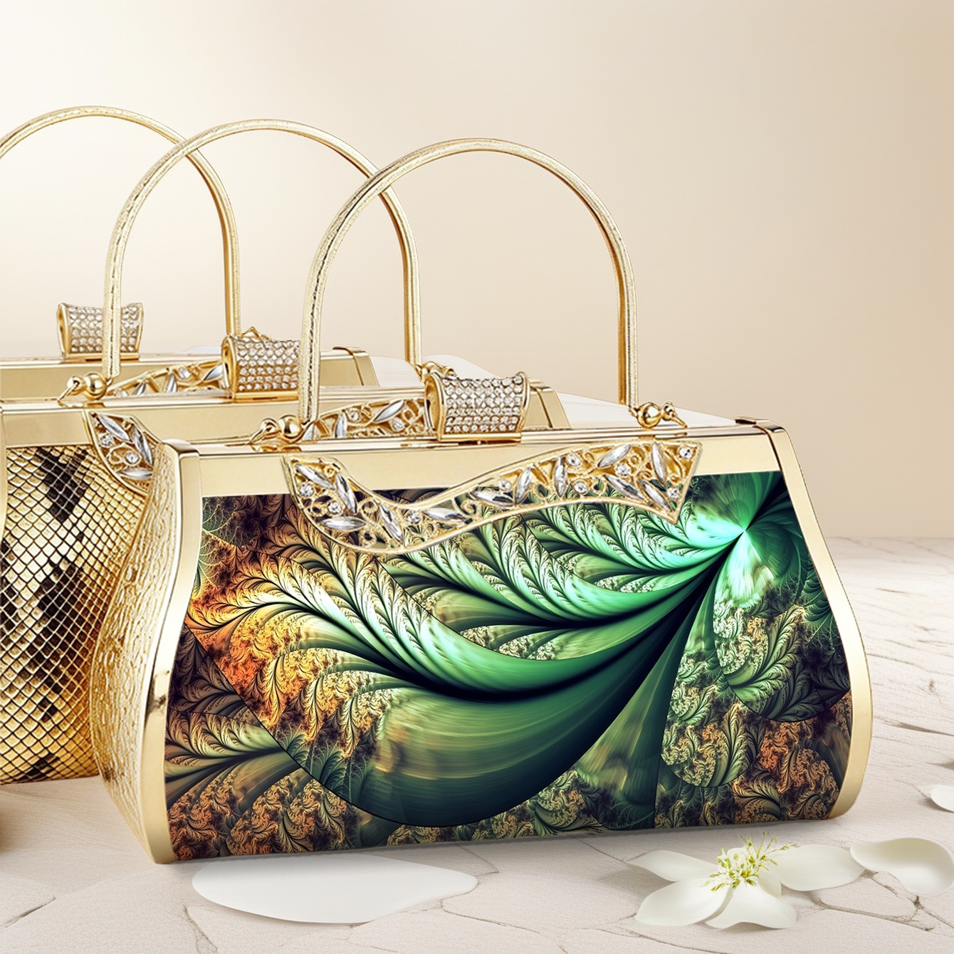 Diese elegante smaragdgrüne Abendclutch besticht durch zarte Blumenmuster, goldfarbene Metalleinfassung und funkelnde Strasssteine. Mit geschwungenem Henkel und ..._voghion.com