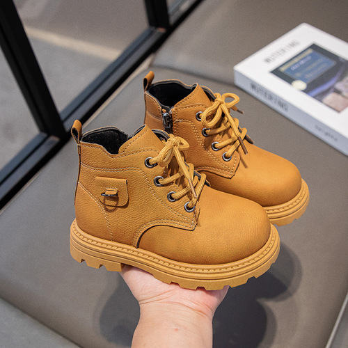 2025 Fall/Winter Boys' Martin Boots for Kids: Soft-Soled Leather Yellow Boots, Low-Cut Ankle Boots for Toddlers, and Girls' Shoes