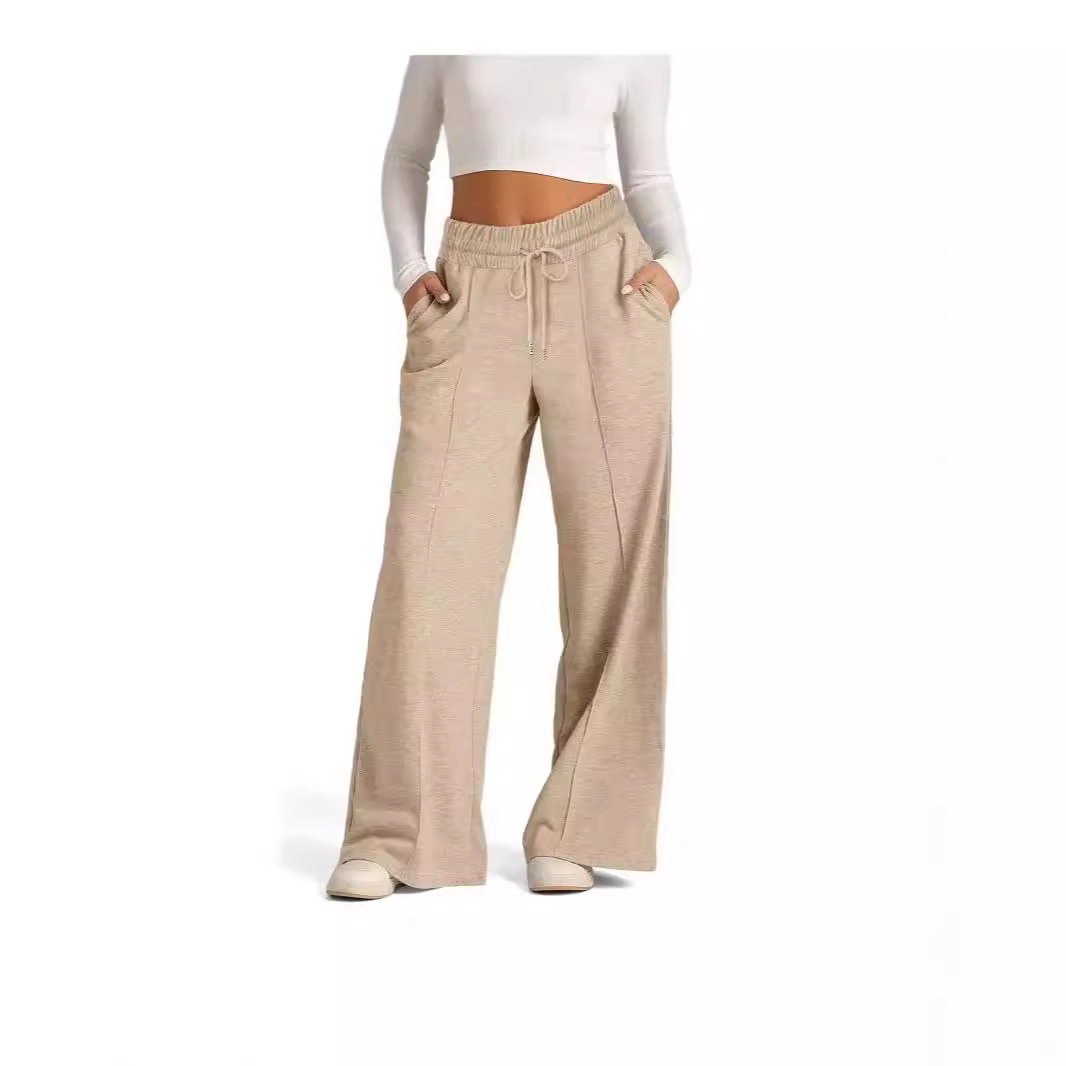 Women's Clothing drawstring solid color waist fashion wide leg casual trousers_voghion.com