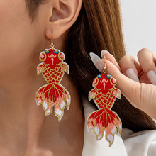 国风刺绣布艺红色锦鲤布贴耳环 个性民族风喜庆小众设计金鱼耳坠