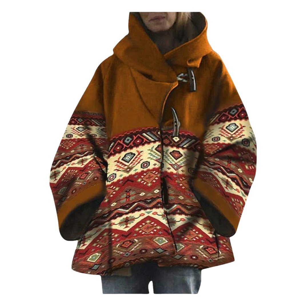 Abrigo de Lana con Estampado Retro de Mezcla de Lana Holgado para Invierno