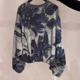 今年流行的上衣高级感气质百搭灰绿色印花圆领长袖卫衣女2025秋季