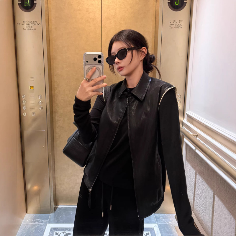 Baishiwang Women's Leather Vest Spring New Style Loose Slimming Sleeveless Motorcycle Jacket Pu Leather Casual Top