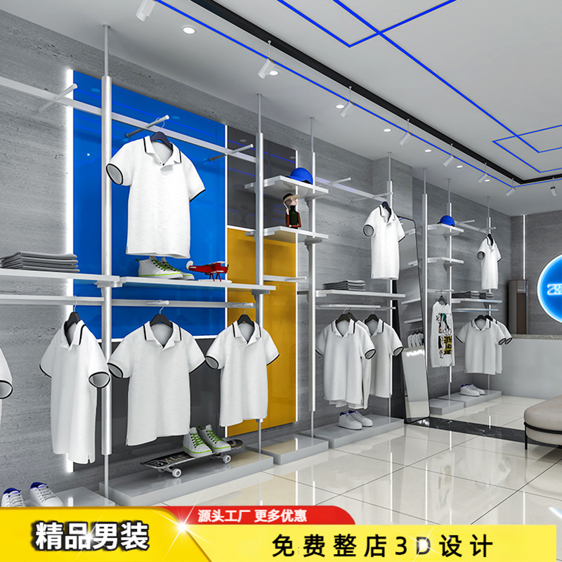 Estante de exhibición especial para tienda de ropa de pared superior, estante de exhibición colgante con columna de luz, estante de exhibición de tienda de ropa de hombre