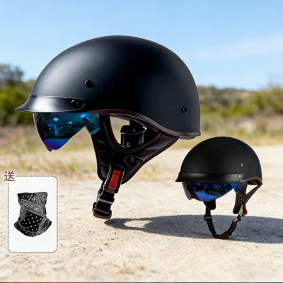 Half Helmets, Electric Scooter, Motosiklet kaskı (dəbilqə) - 15-015-yahei-with-face-towel-with-white-mirror-m