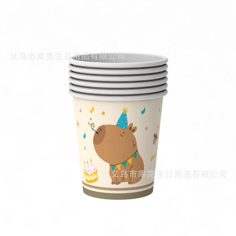 跨境新款卡皮巴拉卡通水豚主题儿童生日派对纸盘桌布纸巾拉旗套装|undefined