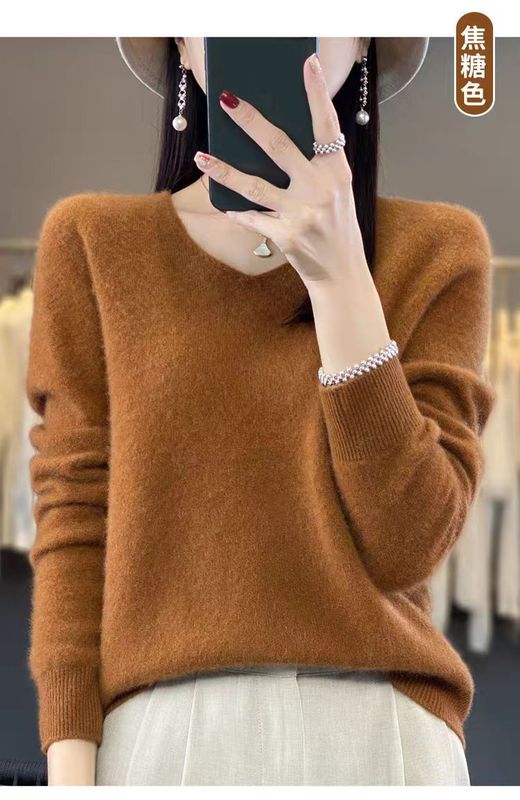 秋冬一线无缝100羊毛衫女V领宽松羊绒打底衫针织毛衣女内搭上衣|undefined