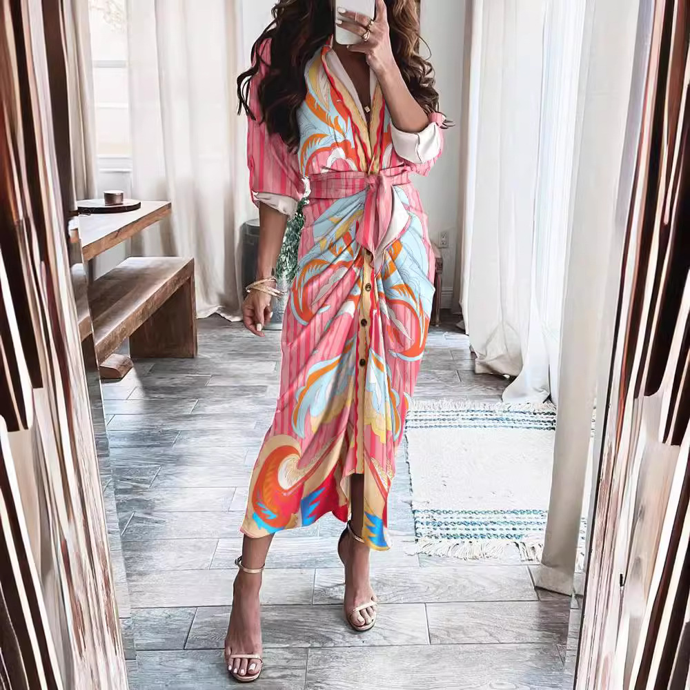 Vestido Largo Elegante con Estampado, Manga Corta con Botones y Cuello en V, Estilo Informal para el Verano 2021, Éxito de Ventas en Wish y Amazon image 4
