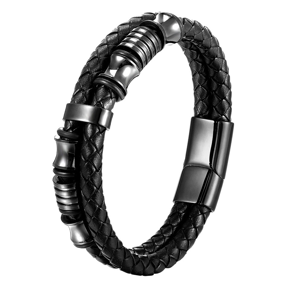 ブラック革紐牛革メンズ二層ステンレス本革編みブレスレット手作り多層革ブレスレットl19140