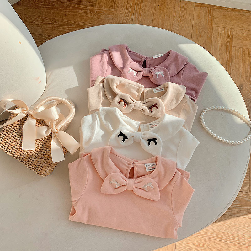 Bow Embroidered Girls'Bottoming Shirt Spring Style Wool Pull-up Long-sleeved Children's T-shirt Fashionable Baby Top