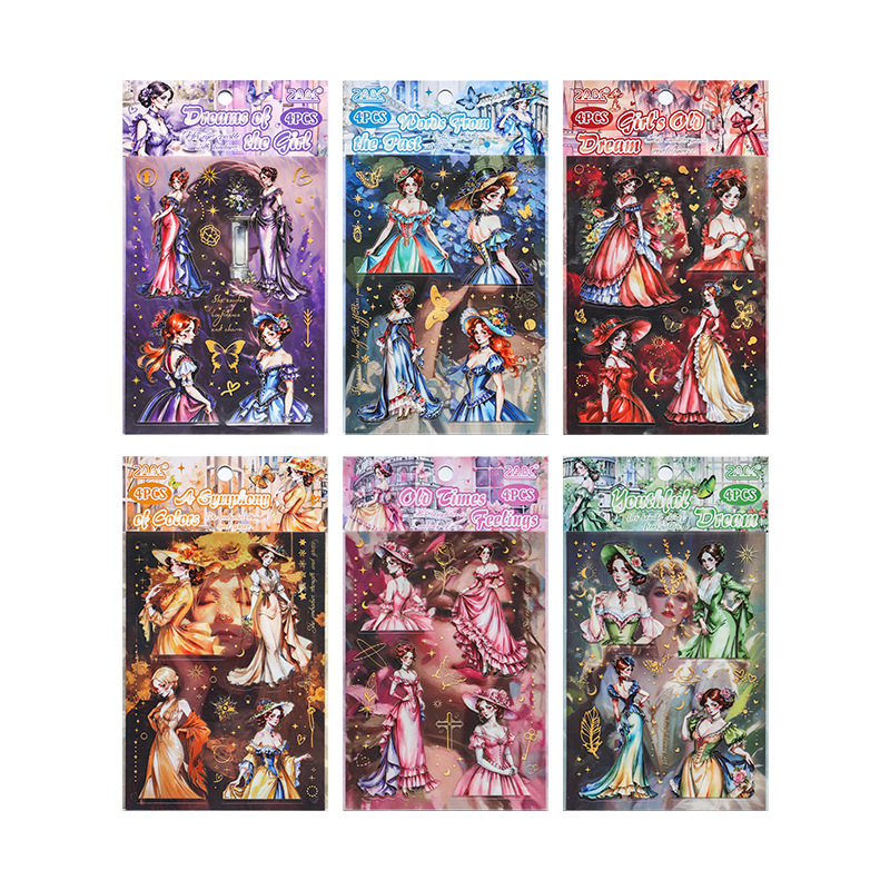 Pegatinas anticuadas transparentes láser impermeables para mascotas diy pegatinas de diario de contabilidad retro europeas transfronterizas pegatinas de chicas