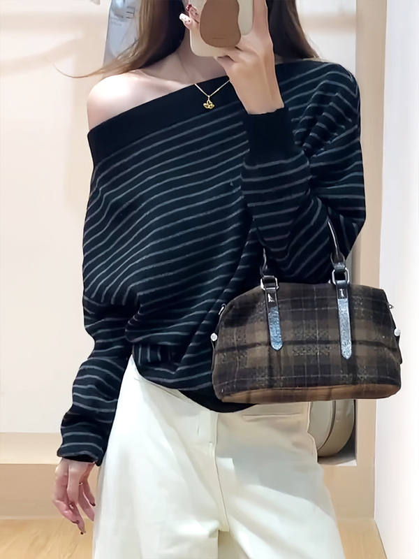 韩系纯欲风斜肩条纹长袖针织衫女春秋2025新款感时尚百搭上衣|undefined