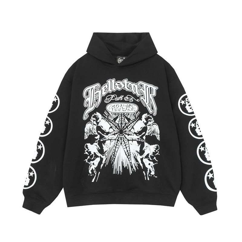 Hellstar ヨーロッパとアメリカのトレンディなブランド、ハイストリート、レトロ、ウォッシュド、ダメージ加工、プリント、ストリート、ルーズフィットのパーカー、男性用と女性用のスウェットシャツ|undefined