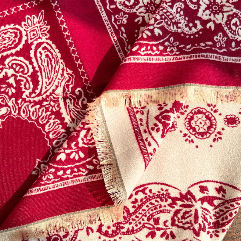 Predimenzionirani kašmirski kvadratni šal u etničkom stilu, ženski debeli šal s resicama, topli šal s cvijetom indijskih oraščića_voghion.com