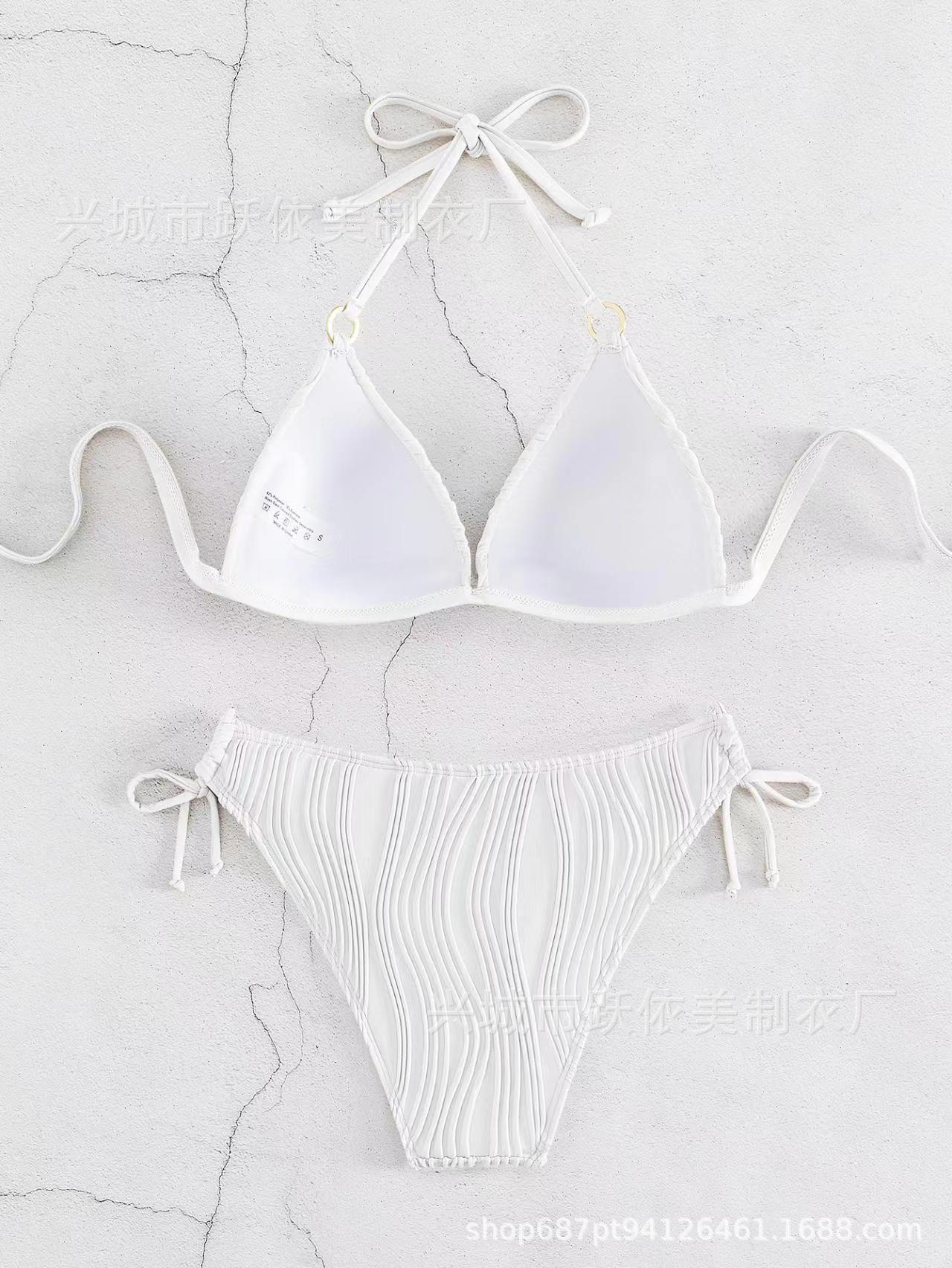 欧美新款游泳衣跨境性感分体带胸垫比基尼糖果色波浪法式三点详情5