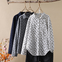 2025上衣春季新款小清新文艺双层棉纱显瘦百搭印花宽松长袖衬衫女