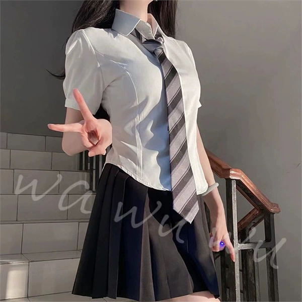 Set, brace, tie, black skirt, with short sleeve