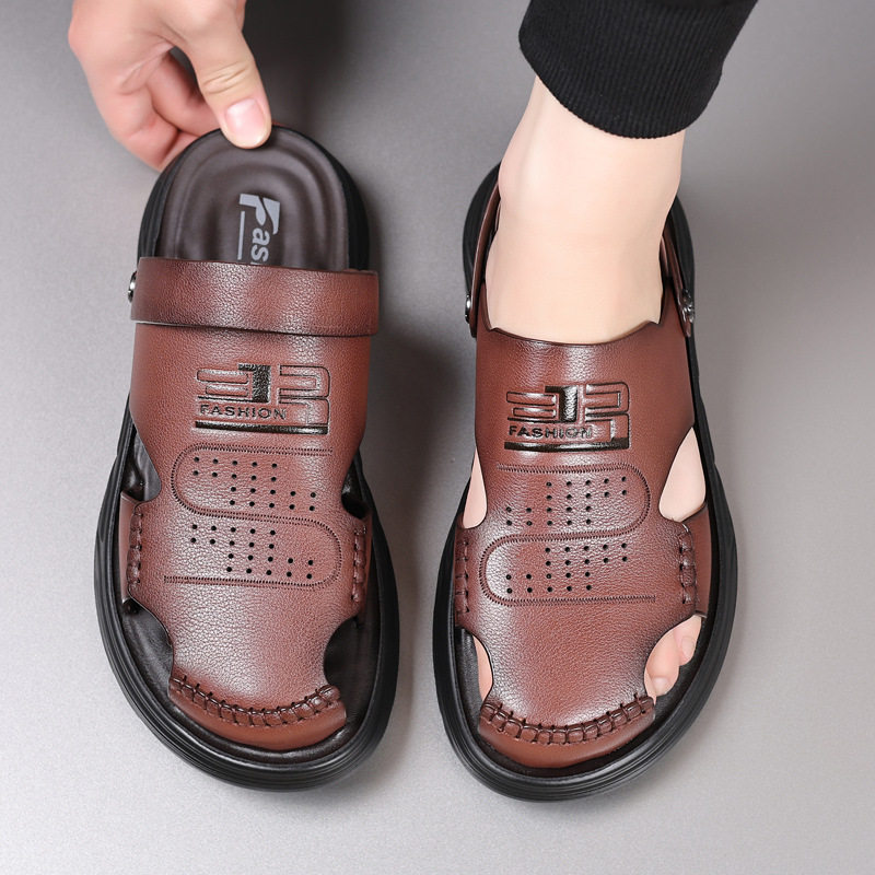 Dép sandal nam bít mũi da bò lớp đầu đế dày thoáng khí gót 3 cm — Màu nâu, Màu đen