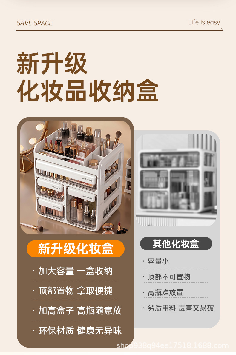 简约化妆品收纳盒抽屉式梳妆台桌面收纳柜大容量口红护肤品高瓶