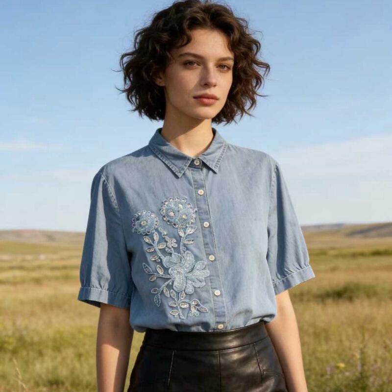 Tk Amazon Cross-Border Exclusive Supply of European and American Style Three-Dimensional Large Floral Sequin Embellished Soft Denim Short-Sleeve Shirt