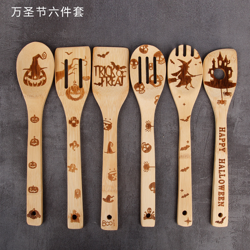 Espátula de cocina de bambú patrón de talla creativa pala espátula de cocina fabricante de seis piezas en stock