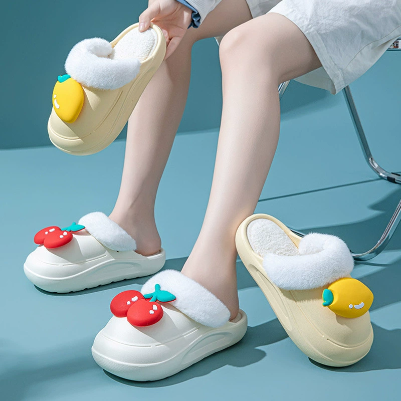 Водонепроницаемые хлопчатобумажные тапочки женские зимние комнатные и наружные фруктовые тапочки толстый подошв теплый хлопок