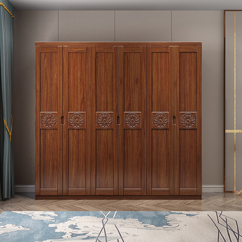 胡桃木实木衣柜四门五六门现代简约中式木质衣橱收纳储物卧室家具