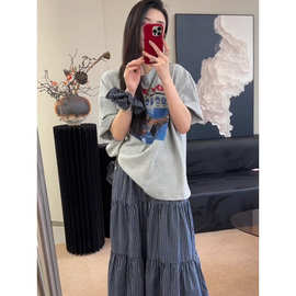 韩版慵懒风印花短袖上衣半身裙+头绳套装女2025春夏新款三件套休
