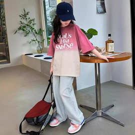 女童宽松夏季T恤两件套中大童渐变字母休闲夏季新款短袖T恤两件套