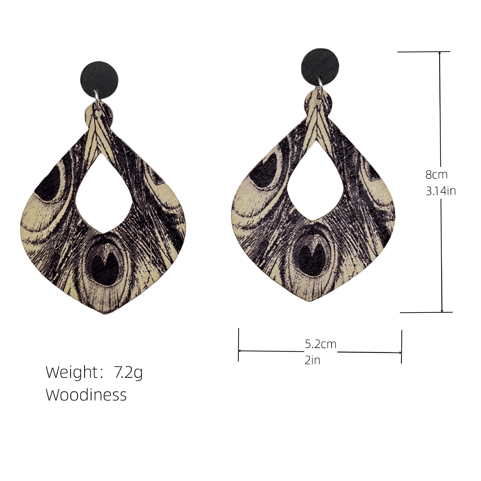 18g Weight 1 Pair Bohemian Water Droplets Feather Stoving Varnish Hollow Out Wood Drop Earrings