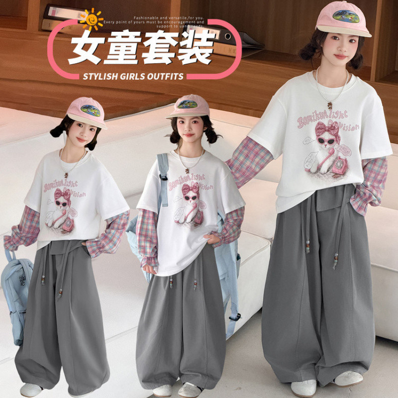 Zhili children's clothing, girls' autumn sweatshirt, 2026 new style, Korean style, loose fit, for medium and large children, faux two-piece patchwork.