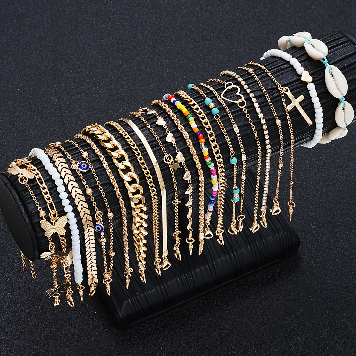 Cruces de comercio exterior transfronterizo conchas de arroz tobillar conjunto de tobillar de oro universal simple tobillar conjunto de 22 piezas para mujeres