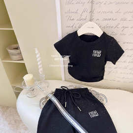 女童短袖套装夏季新款韩版T恤烫钻字母半身裙两件套夏季女孩套装