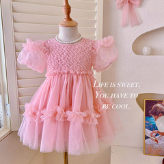 Korean style children's dress girls puff sleeves puffy mesh skirt 2024 summer new style sweet baby princess dress