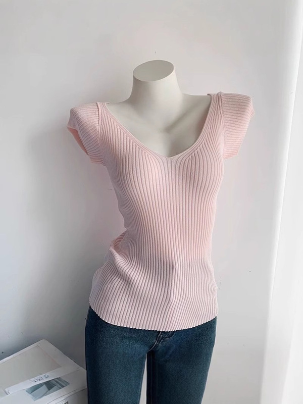気質スリム深Vネックボディシェイピングフライングスリーブスリム半袖セーターTシャツ女性用|undefined
