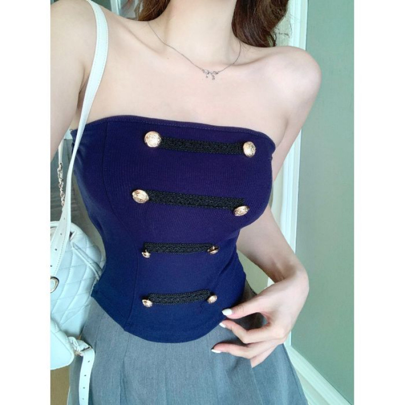 Botón de galía francesa envuelto en el pecho chaleco de cabraje para mujeres con un diseño elegante nicho blusa de pecho