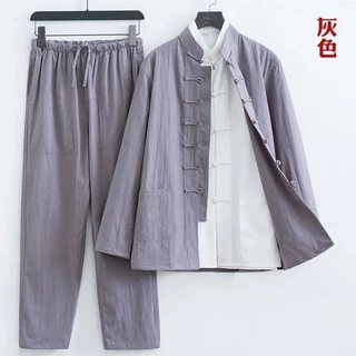 春夏季唐装男风棉麻套装中式服装长袖三件套亚麻衣服国潮茶服厂家