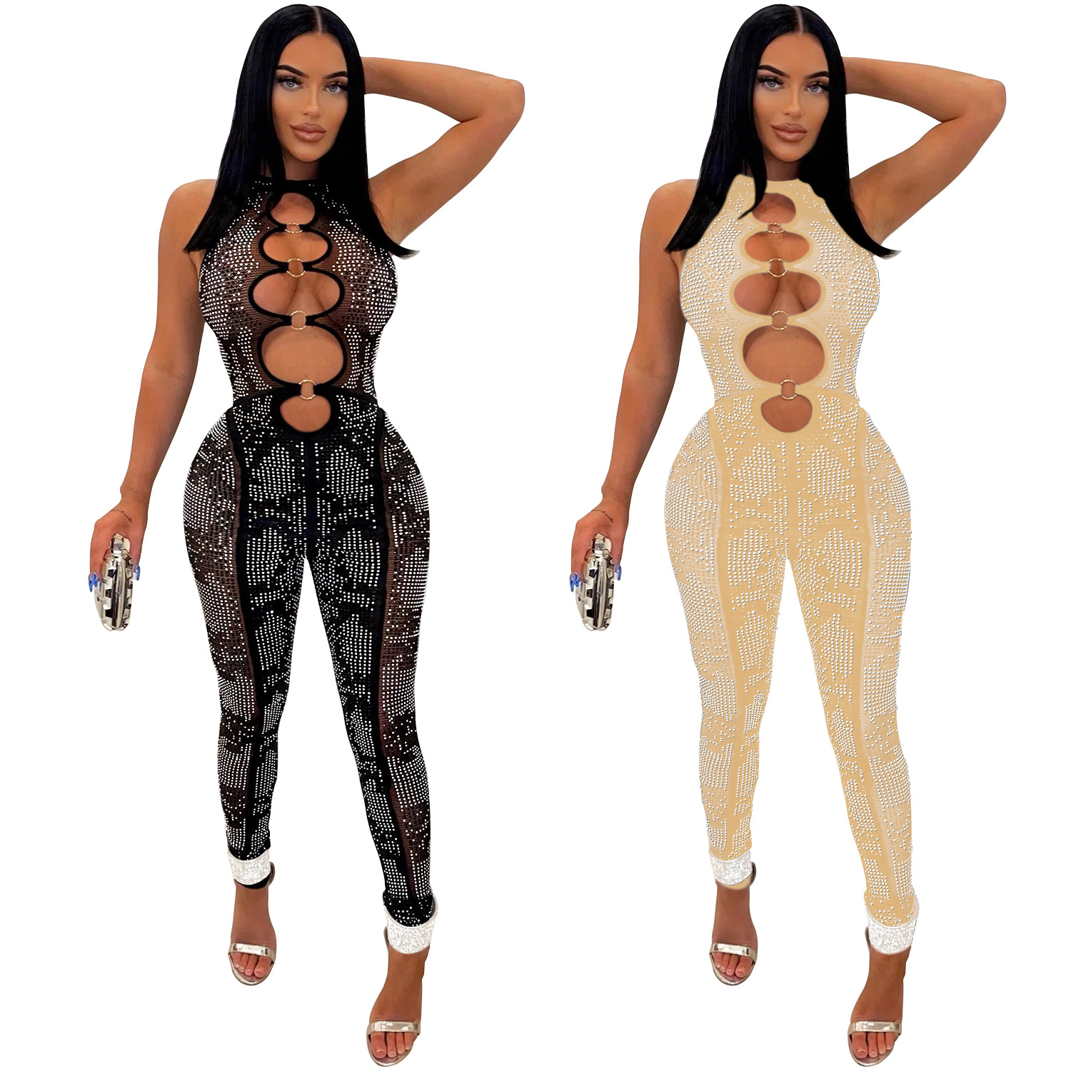 C6017 transfronterizo AliExpress Amazon de las mujeres de moda europea y americana malla perspectiva rhinestone pantalones sin mangas mono