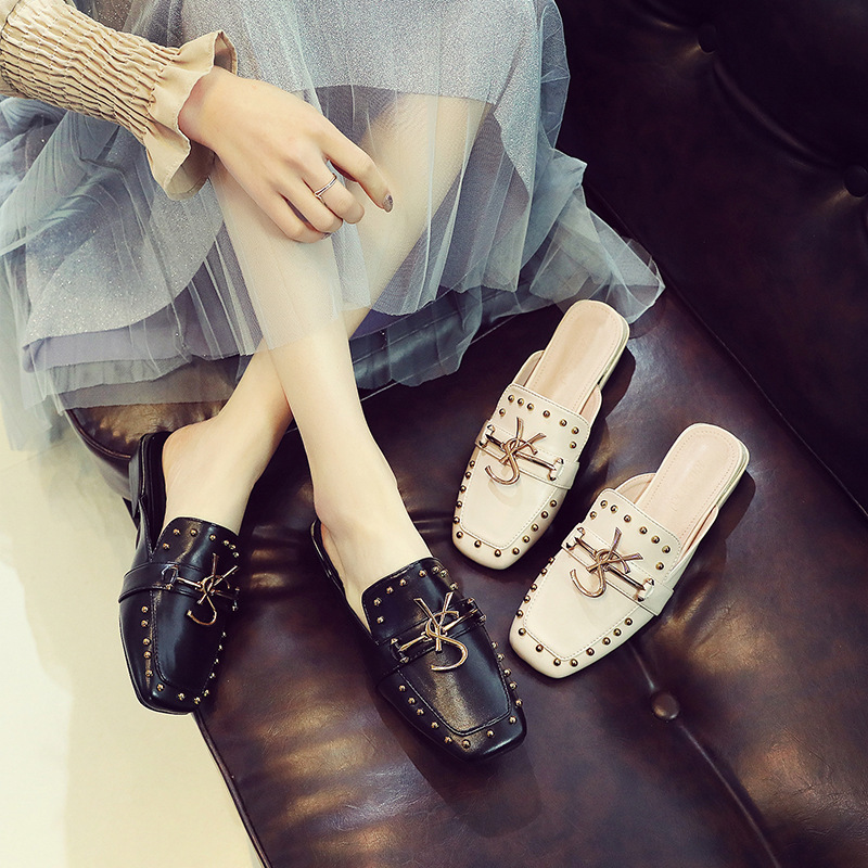 Women's Open-Back Mules with Rivets, 2026 New Style, Flat Mules with Chunky Heels, Slip-On Sandals for Women