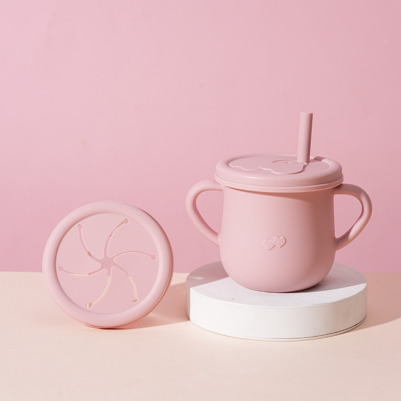 Taza de bebé de silicona transfronteriza con cubierta de bocadillos, taza de paja de grado alimenticio para niños, taza de bebida anti-caída para bebés